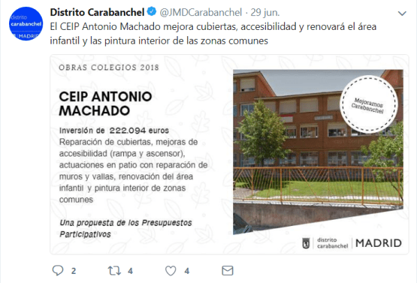 Tweet Obras Colegios 2018 CEIP Antonio Machado