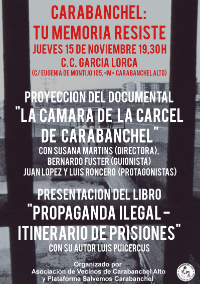 Cartel COLOR acto 15 de noviembre Carabanchel Tu memoria resiste en CC García Lorca